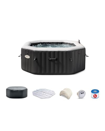 Intex 28457EP 4-Person Onyx Black Octagon Jet & Bubble Deluxe Combo Outdoor Inflatable Portable Hot Tub, Includes Energy Efficient Spa Cover, 63in x 28in