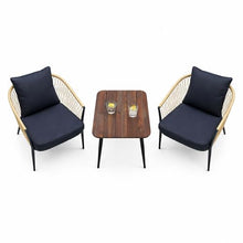 Alpine Corporation VTFAM166A 3-Piece Outdoor Patio Bistro Set – Wooden Accent Table & 2 Wicker Armchairs with Seat & Back Cushions – Modern Indoor/Outdoor Conversation Set, Natural & Black