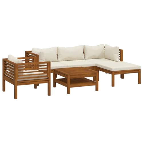 KPOUTRFG Solid Acacia Wood Modular Lounge Set with Cream Fabric Cushions for Garden Patio Seating for 6