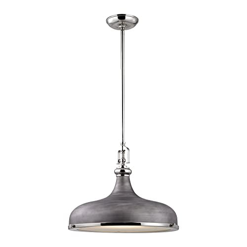Elk Home Rutherford 1-Light Pendant - in Weathered Zinc Finish, with Polished Nickel Metal Shade with Frosted Glass Diffuser, Transitional Style