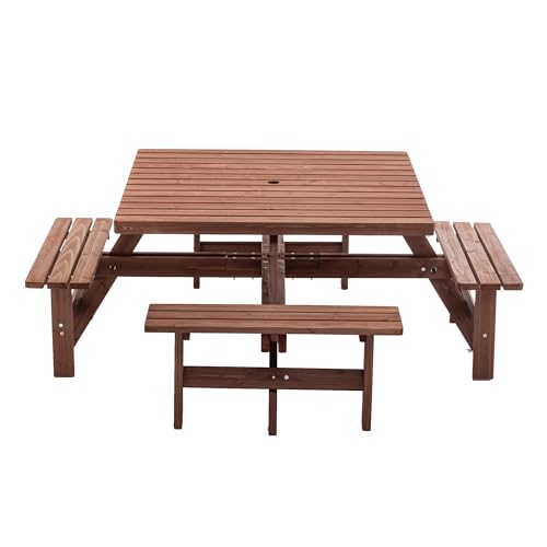 KEIKI 8-Person Square Picnic Table with Benches & Umbrella Hole, Waterproof Outdoor Dining Table with Sturdy Cross Base, Patio Table Set for Backyard Garden Camping, Brown