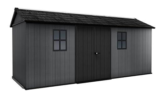 Keter Newton Plus 7.5x17 Ft All-Weather Storage Shed with Skylight, Window, Built-in Ventilation, Customizable Walls, & Lockable Double Doors, Graphite