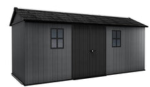 Keter Newton Plus 7.5x17 Ft All-Weather Storage Shed with Skylight, Window, Built-in Ventilation, Customizable Walls, & Lockable Double Doors, Graphite