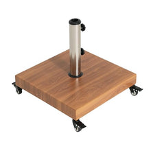 Square Outdoor Umbrella Base with Wheels.Concrete-Filled Iron Design with Wood Grain Finish & Adjustable Stainless Steel Post.Stable Support for Patio,Garden & Poolside.32mm-48mm Pole Compatibility
