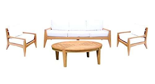 WholesaleTeak Noida 4 Pc Sofa Set: Sofa, 2 Lounge Chairs & 42" Round Coffee Table with Cushions in Sunbrella Fabric #57003 Canvas White #12NO4