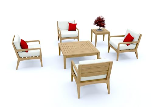 WholesaleTeakFurniture Noida 6 Piece Teak Wood Lounge Chair Set: 4 Lounge Chairs, Square Coffee Table & Square Side Table with Cushions in Outdoor Sunbrella Fabric #5404 Canvas Natural