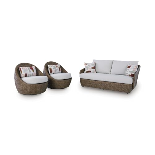 Signature Design by Ashley Cardiff Beach Patio Furniture Set with Swivel Chairs, Rust-Resistant Aluminum Frame, All-Weather Wicker and Nuvella Performance Fabric, Outdoor Seating for Poolside, Beige