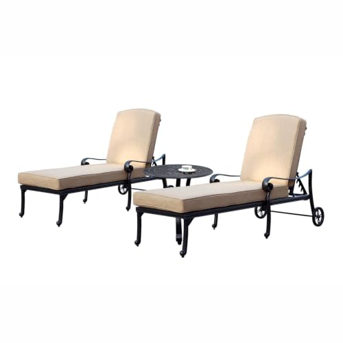 Darlee Santa Monica 3 Pc Cast Aluminum Chaise Lounge Set w/ 24 Inch Table & in Antique Bronze/Beige Canvas