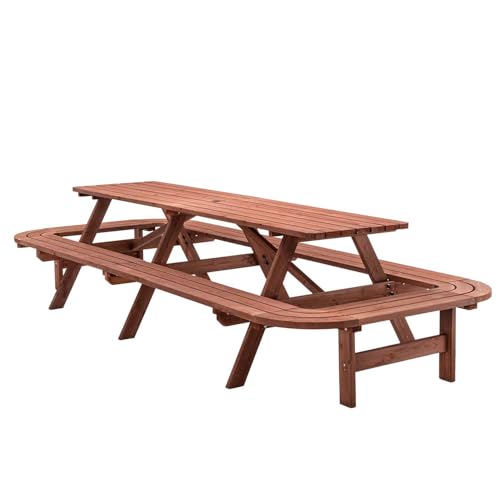 AMZSTAN 95-Inch Extra Large Wooden Picnic Table Set with Benches, 12-Person Outdoor Patio Dining Table with Umbrella Hole, Rustic Brown Garden Table for Backyard Gatherings, Deck, or Park Use