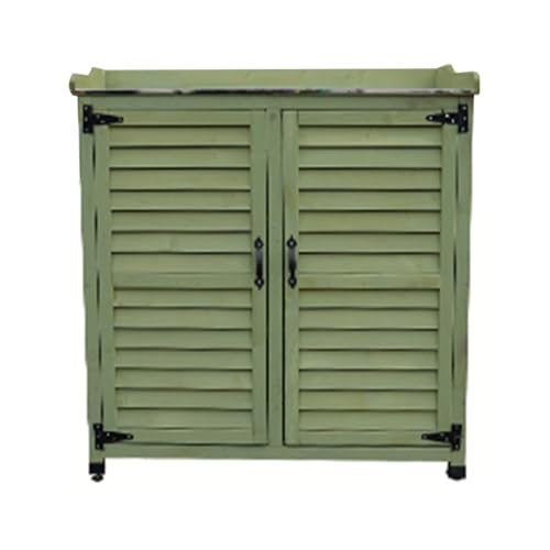 JHNKOJ Outdoor Garden Patio Wooden Storage Cabinet with Adjustable Shelf & Metal Top Green Color Potting Bench Storage Cabinet for Garden Tools,One Color-Green