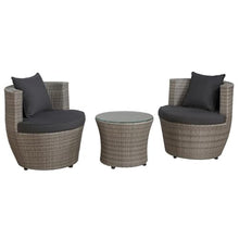 All-Weather Wicker 2-Person Outdoor Patio Conversation Set - Gray Resin Wicker, 100% Aluminum Frame, with Two Round Chairs & 18 in. H Glass Top Table - Water-Resistant Cushions