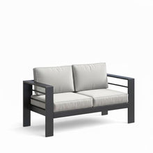 callmego All-Weather Outdoor Ottoman with Thick Cushion and Powder-Coated Metal Frame for Patio, Deck, or Balcony Seating (Black+Grey + Olefin-1)