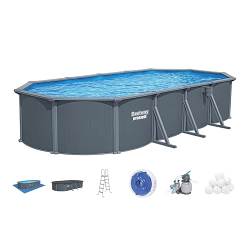 Bestway Hydrium 24' x 12' x 52" Above Ground Pool, Oval Steel Side Wall Frame Outdoor Swimming Pool Set with Sand Filter Pump, Polysphere Filtration Balls, Ladder & Accessories