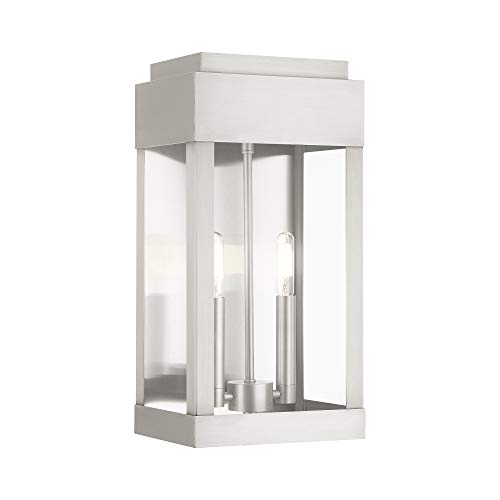 Livex Lighting 21235-91 York 2 Light Outdoor Wall Lantern, Brushed Nickel with Brushed Nickel Stainless Steel Reflector