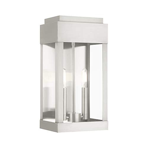 Livex Lighting 21235-91 York 2 Light Outdoor Wall Lantern, Brushed Nickel with Brushed Nickel Stainless Steel Reflector