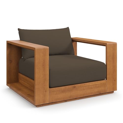 Modway Tahoe Acacia Wood Outdoor Patio Chair in Natural Cocoa with Weather-Resistant Cushions - Ideal as Club Chair or Outdoor Dining Chair