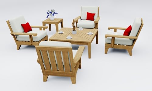 TeakStation 6 Pc Teak Wood Lounge Chair Set: 4 Lounge Chairs, Square Coffee Table & Side Table with Cushions in Outdoor Sunbrella Fabric #5404 Canvas Natural