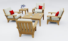 TeakStation 6 Pc Teak Wood Lounge Chair Set: 4 Lounge Chairs, Square Coffee Table & Side Table with Cushions in Outdoor Sunbrella Fabric #5404 Canvas Natural