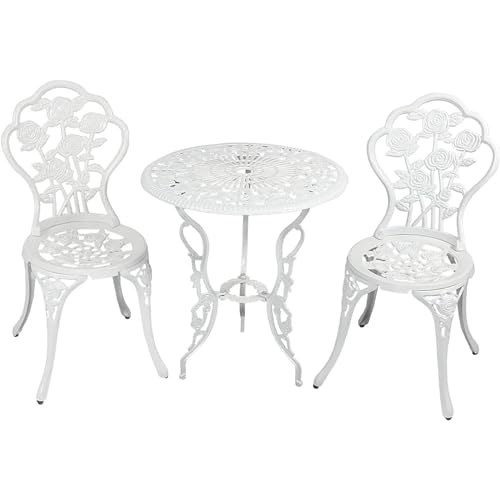 DUYHBAWRS 3-Piece Flower Designed Bistro Table Set with 2 Chairs Outdoor Cast Aluminum Garden Furniture