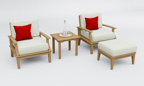 WholesaleTeakFurniture Somer 4 Piece Teak Wood Lounge Chair Set: 2 Lounge Chairs, Ottoman & Square Side Table with Cushions in Outdoor Sunbrella Fabric #5404 Canvas Natural