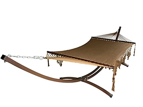 Petra Leisure 15 Ft. Indoor/Outdoor Heavy Duty Brown Steel Arc Hammock Stand + Deluxe Hand Woven 2 Person Brown Bohemian Chic Rope Hammock Bed. 450Lb Capacity.