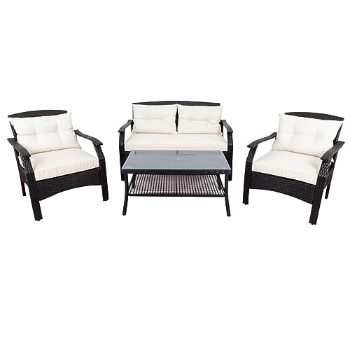 4-Piece Set Of Rattan Sofa With Cushioned Seat , Outdoor Terrace Garden