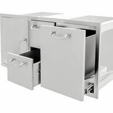 Mont Alpi Signature 42"W x 21"H Commercial Grade 304 Stainless Steel Outdoor Kitchen Island BBQ Grill Access Door + Double Drawer & Roll-Out Trash Bin Combo + Traditional & Contemporary Style Handles