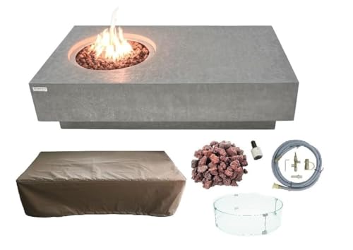 Elementi Metropolis Gas Fire Pit Cast Concrete Fire Table, Outdoor Fire Pit Electronic Ignition | Canvas Cover, Lava Rock Included | Free AMS Wind Guard | Light Gray (Natural Gas)