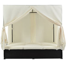 Patio Chaise Lounge, PE Rattan Outdoor Patio Wicker Sunbed Daybed with Adjustable Seats, Four-sided Canopy, Overhead Curtain and Beige Cushions for Backyard, Garden, Poolside (for 2-6 people)