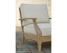 BOWERY HILL Outdoor Arm Chair, Beige Finish, Eucalyptus Wood Frame, All-Weather Nuvella Fabric Cushions, Slatted Design, 32" H x 30.5" W x 35.5" D, Durable Patio Seating for Relaxation