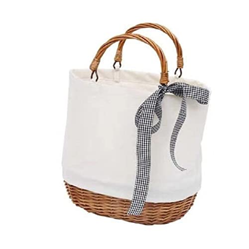 ASWRTYJO Portable Woven Stitching Storage Basket Shopping Bag Wicker Rattan Storage Basket Fruit Food Picnic Basket