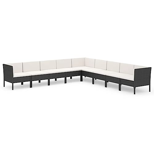 LKJephalotrope 9 Piece Patio Lounge Set, Black PE Rattan Outdoor Sectional Sofa with Cream White Cushions, Modular Garden Furniture Set for Backyard, Porch and Deck