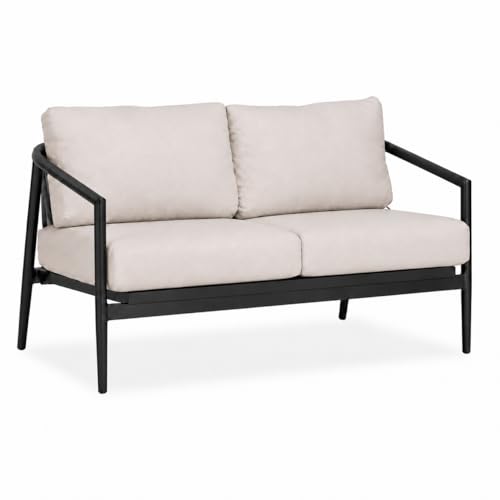 Golden Flame Outdoor Loveseat, 2-Seat Patio Sofa with Powder-Coated Aluminum Frame, Olefin Rope Back, Sunbrella Cushions - Slate Finish Frame, Cast Silver Fabric