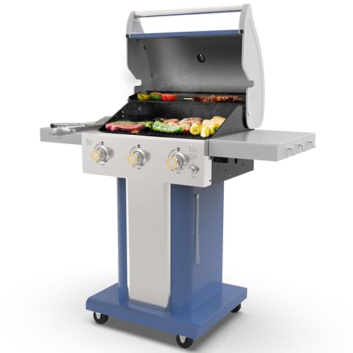Permasteel 3-Burner Propane Gas Grill, 30,000 BTUs BBQ Grill with Cast Iron Grates, Foldable Side Tables & Tool Hooks, Outdoor Grill, Azure
