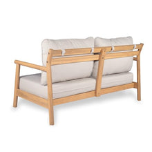 roomfitters Outdoor Wood Patio Loveseat Sofa, Modern Deep Seating 2 Seater Bench Couch with Cushions for Deck, Teak and Beige