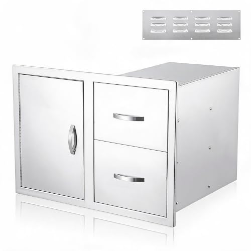 304 Stainless Steel Outdoor Kitchen Drawers and Access Door Combo, 33 x 22 x 22 Inch BBQ Island Storage Cabinet with 3 Drawers, Paper Towel Holder, Trash Bag Ring, Built-in Storage for Outdoor Grill s