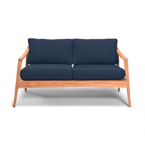 Golden Flame Outdoor Loveseat, Grade A Teak Patio Sofa with Performance Fabric Cushions, Machine-Washable Covers, YKK Zippers, Mid-Century Modern Garden Couch - Spectrum Indigo