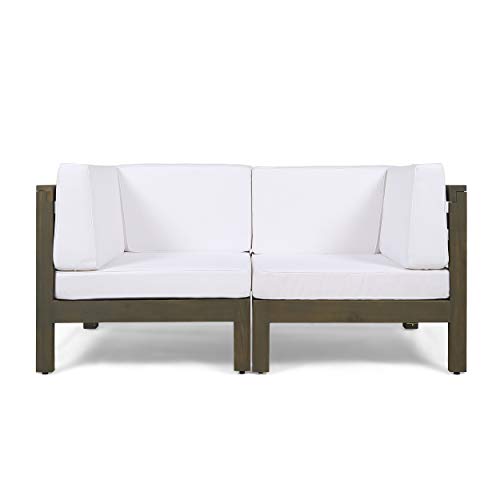 GDFStudio Outdoor Sectional Loveseat Set | 2-Seater | Acacia Wood | Water-Resistant Cushions | Gray and White