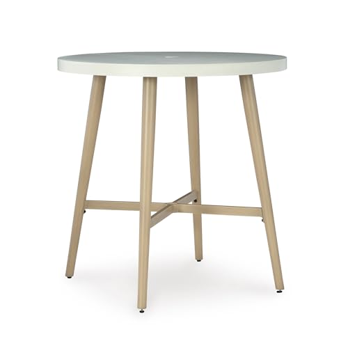 Signature Design by Ashley Seton Creek Outdoor Bar Table, 40 Inch Round Patio Bar Height Table with Umbrella Hole, Aluminum Frame, Stone Look Tabletop, for Outdoor Dining, Seats 4, Beige