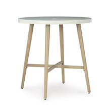 Signature Design by Ashley Seton Creek Outdoor Bar Table, 40 Inch Round Patio Bar Height Table with Umbrella Hole, Aluminum Frame, Stone Look Tabletop, for Outdoor Dining, Seats 4, Beige