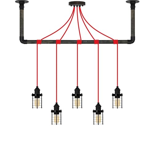 Industrial Red and Black Cage Pendant Light Wrap with Ebony Black Wood Ceiling Bracket - Hangout Lighting - 5 Pendants
