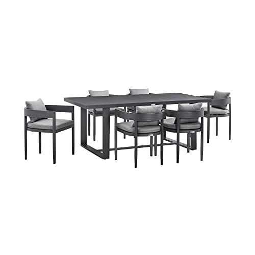 Armen Living Argiope Outdoor Patio 7-Piece Dining Table Set in Aluminum with Grey Cushions