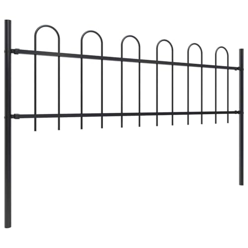 Decorative Steel Garden Fence with Hoop Top, 39-Foot Total Length, 7 Panels and 8 Posts, Black Outdoor Fence Barrier for Garden or Property
