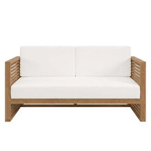 Outdoor Escape White Teak Wood Loveseat with Cushions, Durable Construction, Stylish Armrests, Comfortable Backrest for Patio Garden Porch Entertainment