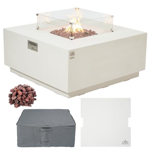 AMS 48" Square Concrete GFRC Propane Gas Fire Pit Table Bundle, Cream White
