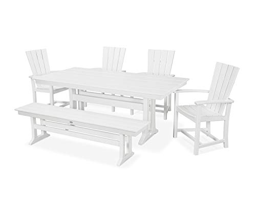 Polywood Quattro 6-Piece Outdoor Dining Set with Bench, White - HDPE Patio Furniture for Deck, Garden & Backyard - Farmhouse Style Table Set