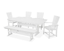 Polywood Quattro 6-Piece Outdoor Dining Set with Bench, White - HDPE Patio Furniture for Deck, Garden & Backyard - Farmhouse Style Table Set