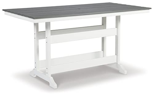 Ashley Transville Outdoor Counter Height Dining Table, 72 Inch Rectangular Patio Table with Umbrella Hole, Durable Weather Resistant HDPE, Ideal for Patios, Gray and White