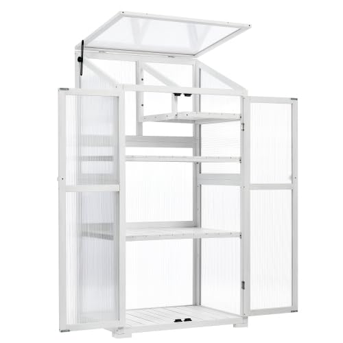 62''H Large Wood Greenhouse for Balcony, Portable Cold Frame with Wheels & Adjustable Shelves for Indoor/Outdoor Plant Growing (White)