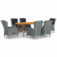 Molumvel 7 Piece Patio Dining Set with Acacia Wood Table and 6 Reclining PE Rattan Chairs, Outdoor Garden Furniture Set Light Gray